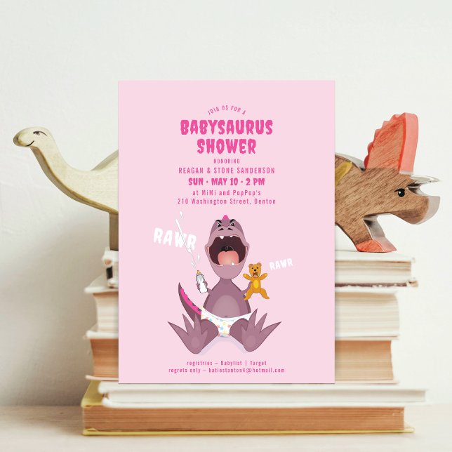 Babysaurus T-rex Baby shower rose Invitation (Créateur téléchargé)