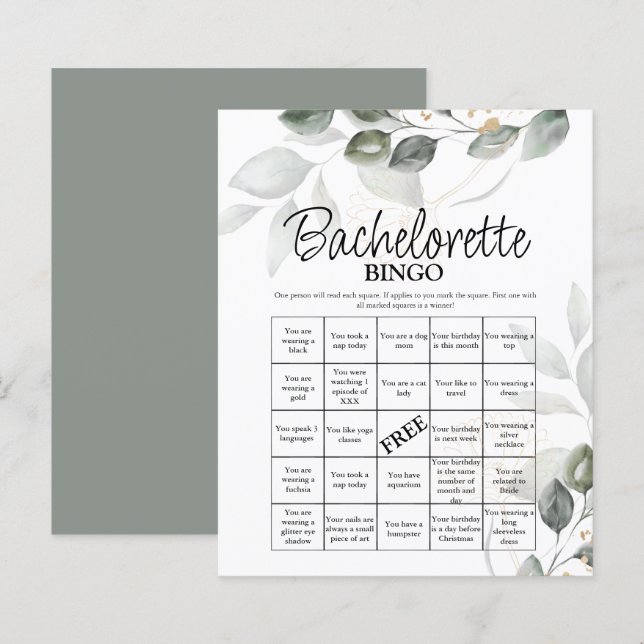 Bachelorette Bingo vert jeu nuptiale (Devant / Derrière)