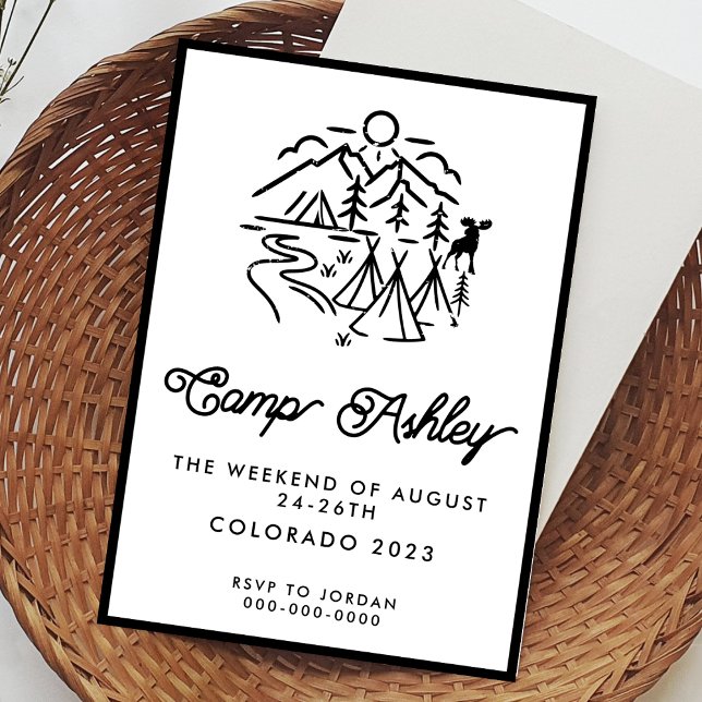 Bachelorette de camp noir et blanc Invitation (Créateur téléchargé)