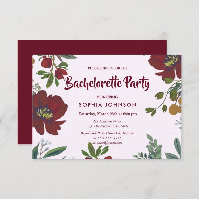 Bachelorette Fleurs Bourgogne Invitation (Devant / Derrière)
