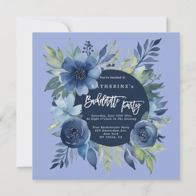 Bachelorette Florale Bleue Invitations (Devant)