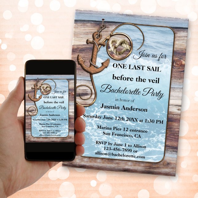 Bachelorette Nautique Rustique Invitation à la voi (Nautical themed bachelorette invitation showing an image of an ocean framed by rustic weathered wood)