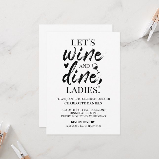 Bachelorette Party Invitation | Vin & Dine (Devant/Arrière en situation)