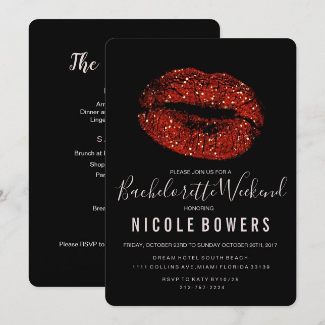 Bachelorette Red Lips Invitation Itinéraire Week-e (Devant / Derrière)