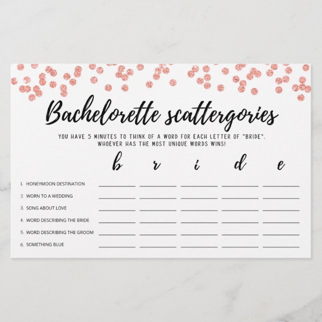 Bachelorette Scattergories éditable Jeu nuptial (Devant)