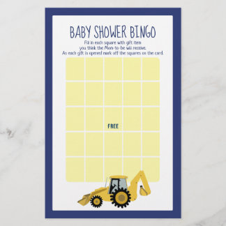 Backhoe Construction Baby shower Bingo Jeu