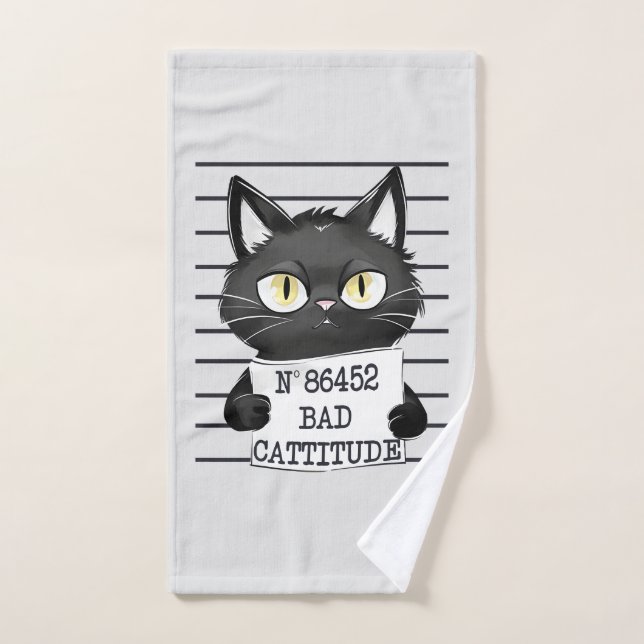 Bad Cattitude - Mugshot de chat noir (Serviette à main)