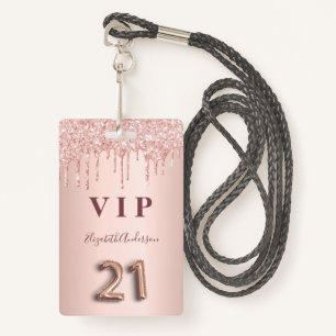 Badge 21e anniversaire rose gouttes d'or rose VIP pass