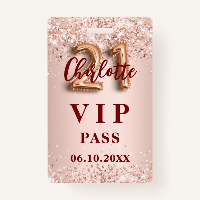 Badge 21e anniversaire rose or vip party pass (Devant)