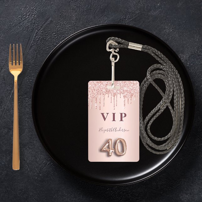 Badge 40e anniversaire rose gold pailleté gouttes rose g (Créateur téléchargé)