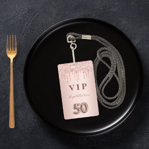 Badge 50e anniversaire rose parties scintillant or goutt