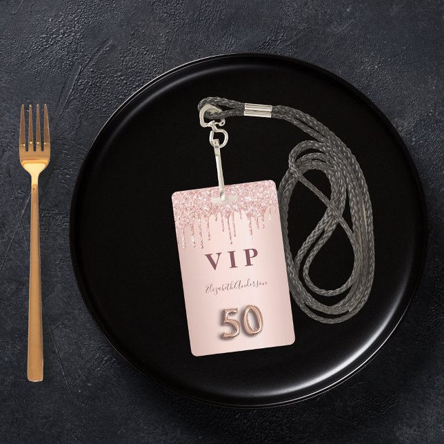 Badge 50e anniversaire rose parties scintillant or goutt (Créateur téléchargé)