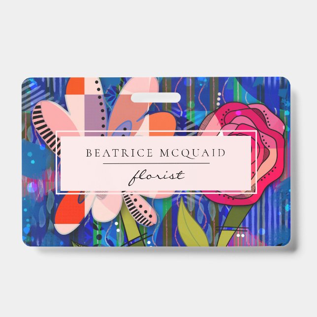 Badge Abstrait floral moderne rose rougeâtre bleu (Avant)