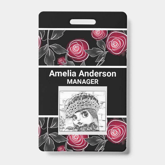 Badge Abstrait moderne roses rouges feuilles croisées fl (Avant)