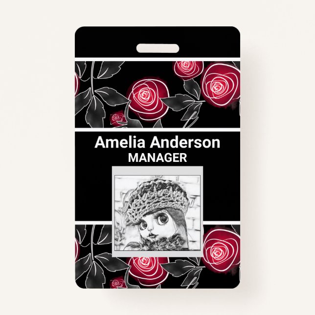 Badge Abstrait moderne roses rouges feuilles croisées fl (Devant)