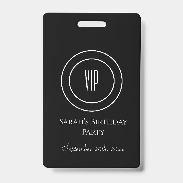 Badge Accès VIP à la fête d'anniversaire Chic en noir et (Avant)