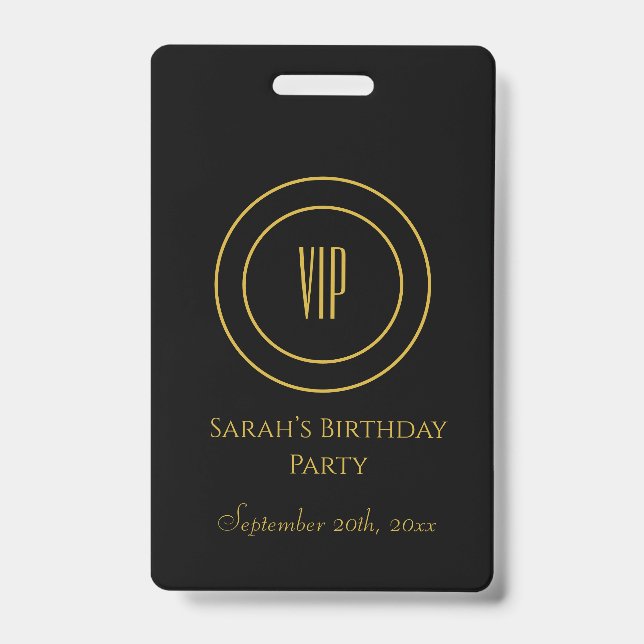 Badge Accès VIP à la fête d'anniversaire chic noir et or (Avant)