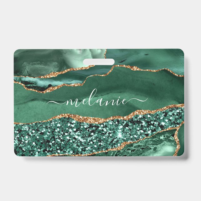 Badge Agate Green Gold Parties scintillant Géode Marbre  (Avant)
