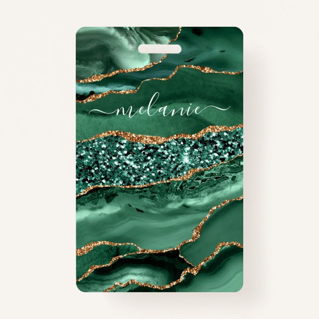 Badge Agate Green Gold Parties scintillant Marbre Votre  (Devant)