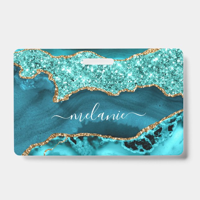 Badge Agate Turquoise Blue Gold Parties scintillant Marb (Avant)