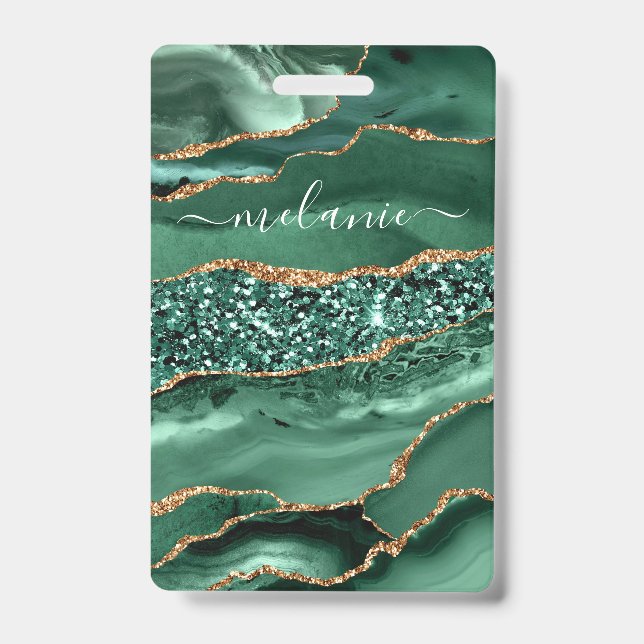 Badge Agate Verte Paillettes Dorées Marbre Votre N (Avant)