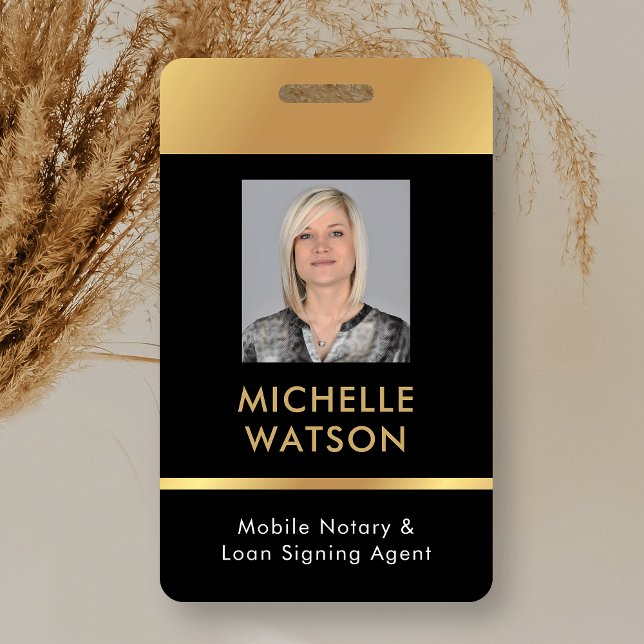 Badge Agent de signature de prêt notaire ID photo Black  (Modern employee photo ID badge in black and gold)