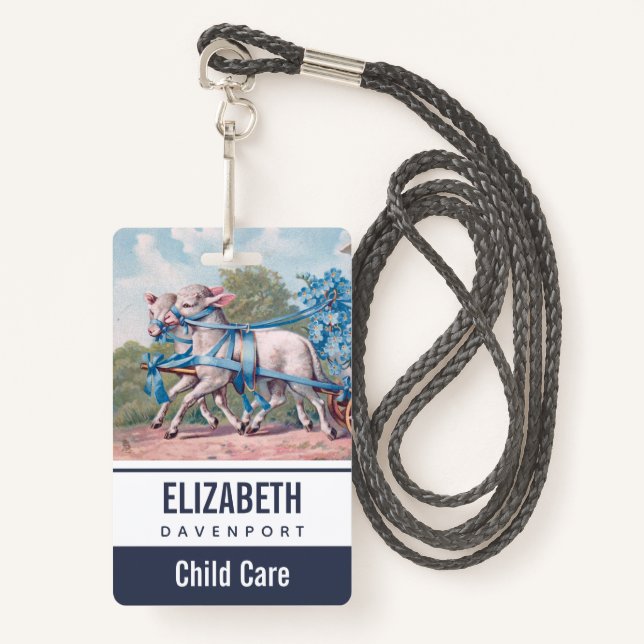 Badge Agneaux vintages habillés de rubans bleus fantaisi (Devant avec lanière)