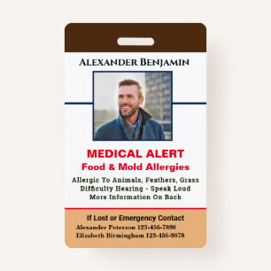 Badge Alerte allergique Médicale Photo d'urgence personn