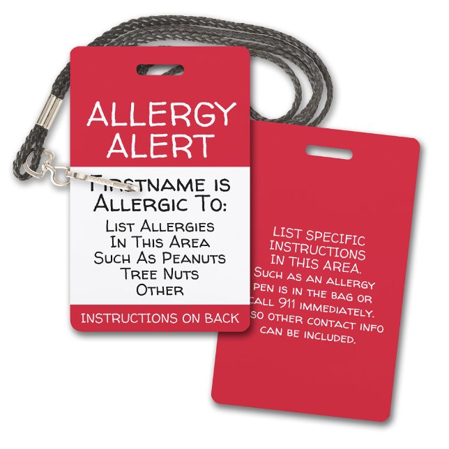 Badge Alerte d'allergie pour les informations de contact (Allergy Alert Plastic Badge for Lanyard - Custom Allergy Alert. Add name, allergy and instructions)