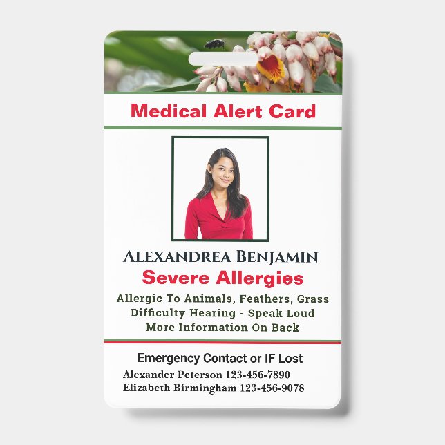 Badge Alerte d'urgence médicale aux allergies Photo ID p (Avant)