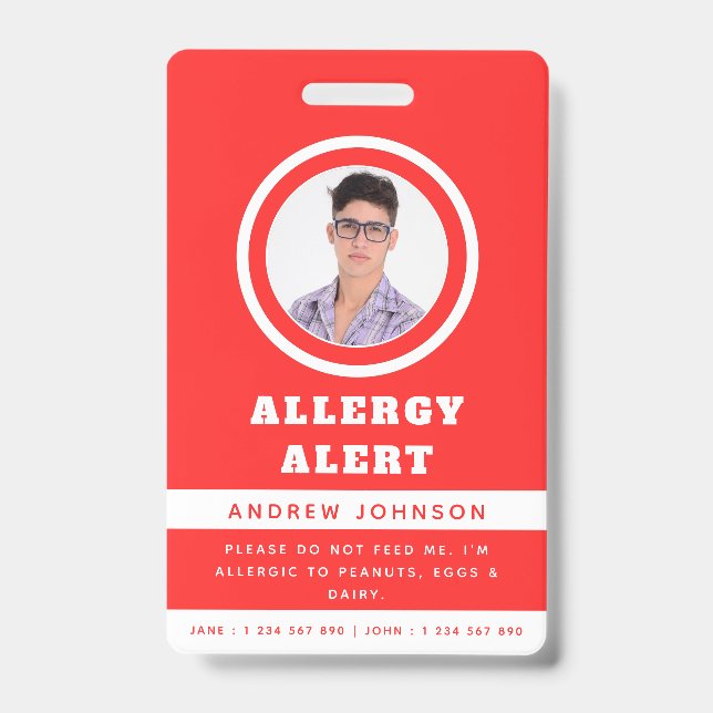 Badge Alerte d'urgence pour allergie alimentaire avec ph (Avant)