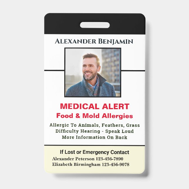 Badge Alerte Médicale d'Allergie Photo d'Identification  (Avant)