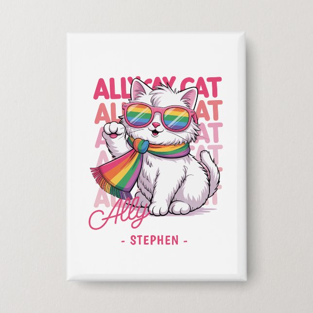 Badge Ally Cat - Cute White Cat LGBTQ Pride (Recto)