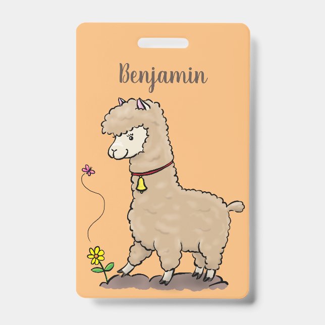 Badge Alpaca mignon et heureux avec un papillon de dessi (Avant)