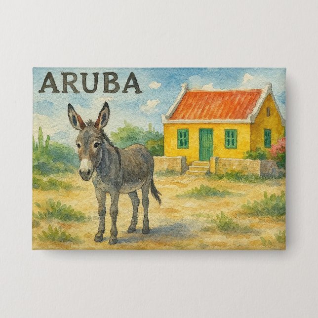 Badge Âne d'Aruba avec maison Cunucu jaune aquarelle (Recto)