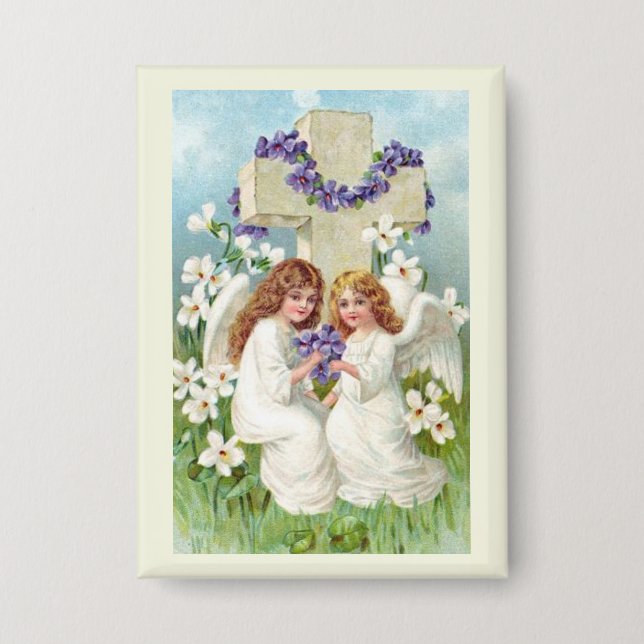 Badge Anges Mignons Avec Croix Et Fleurs  (Recto)