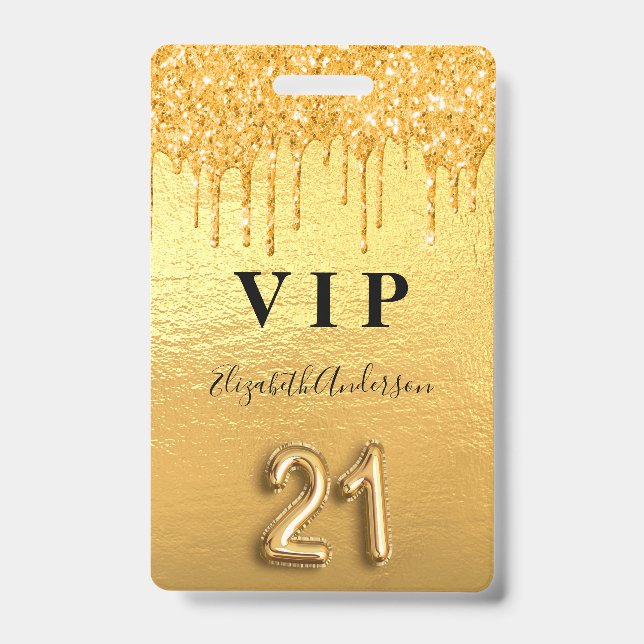 Badge anniversaire 21 ans paillettes dorées VIP (Avant)