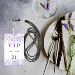 Badge Anniversaire blanc violet lavande vip invitation<br><div class="desc">Un badge moderne, élégant et glamour pour une fête d'anniversaire de 21e (ou tout âge). Un arrière - plan blanc avec de la poussière de parties scintillant violette, couleur lavande. Avec le texte : VIP. Personnalisez et ajoutez le nom, l'âge, l'adresse/la date. Le nom est écrit avec un script de...</div>