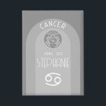 Badge Anniversaire Personnalisé Zodiac Cancer - Design m<br><div class="desc">Personnalisez ce bouton avec une date de naissance et un nom. Un design personnalisé avec le signe zodiaque - Cancer - plus traits de personnalité, information et constellation. Une couleur argentée apaisante - associée au cancer est le design principal derrière tous les détails du zodiaque. Un grand cadeau pour un...</div>