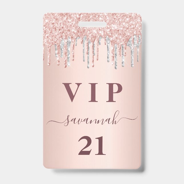 Badge Anniversaire rose gouttes d'or rose argent vip (Avant)