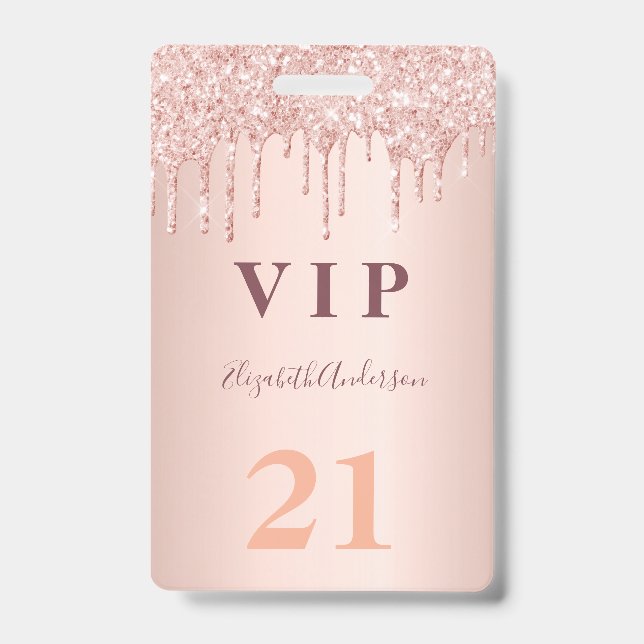 Badge Anniversaire rose gouttes d'or rose vip (Avant)