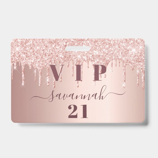 Badge Anniversaire rose gouttes d'or rose vip (Avant)