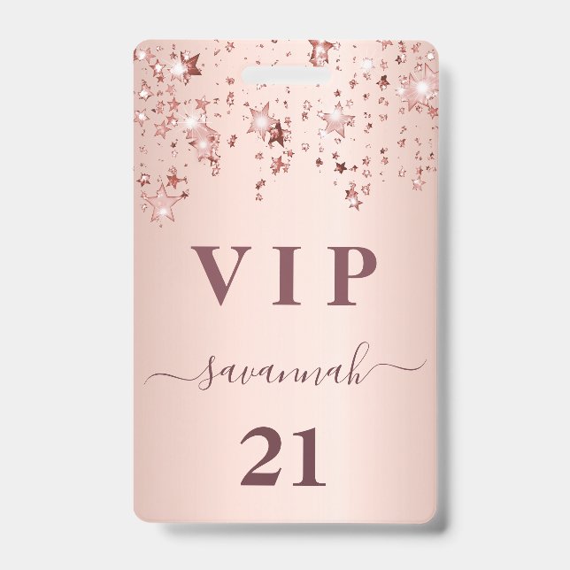 Badge Anniversaire rose or rose étoiles vip luxe (Avant)