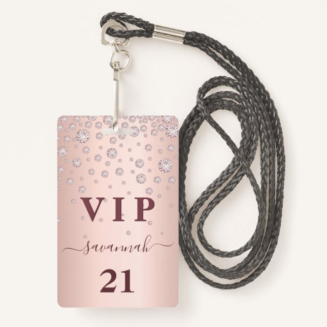 Badge Anniversaire rose or rose monogramme vip luxe badg (Devant avec lanière)