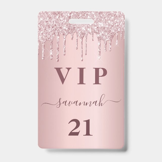 Badge Anniversaire rouge gouttes rose nom vip pass (Avant)