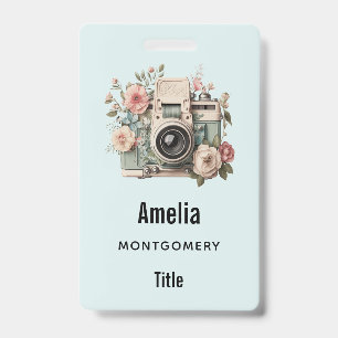 Badge Appareil photo avec image rétro pastel de fleurs