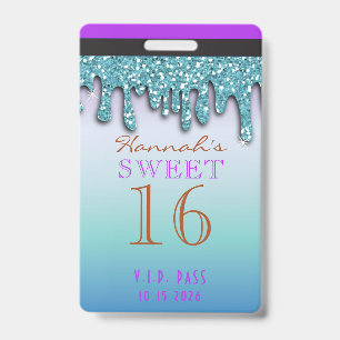 Badge Aqua Teal Étincelle Goutte à Goutte Sweet Sixteen 