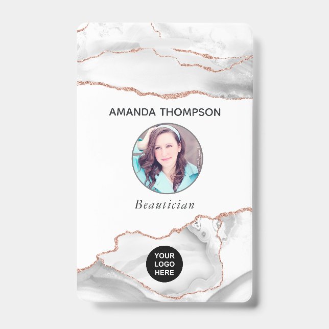 Badge Aquarelle chic Blanc et Rose Gold Agate Business (Front)