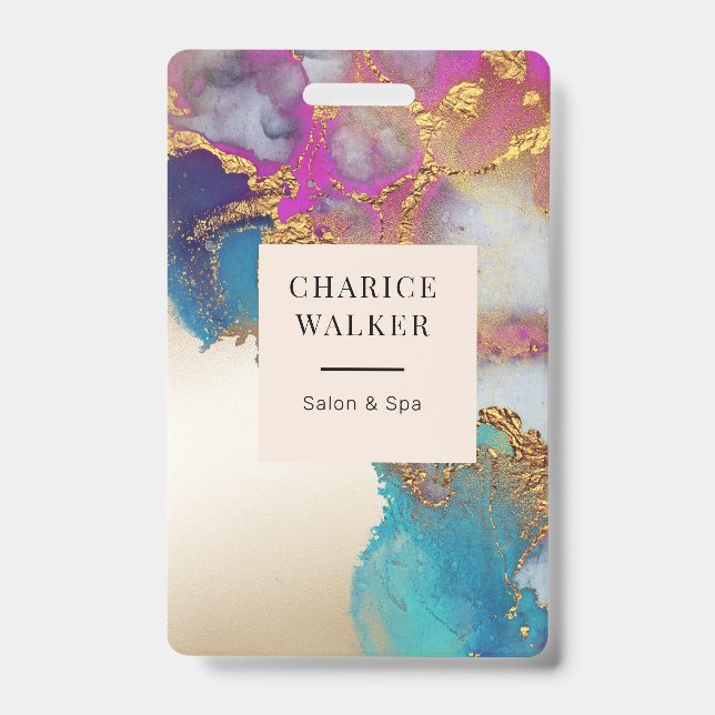 Badge aquarelle fausse feuille or salon monogramme nom (Avant)