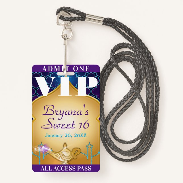 Badge Arabian Nights Marocain Party Sweet 16 VIP Pass (Devant avec lanière)